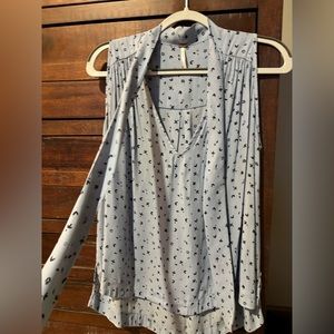 Free People - Baby Blue & Navy Printed Blouse - Size S